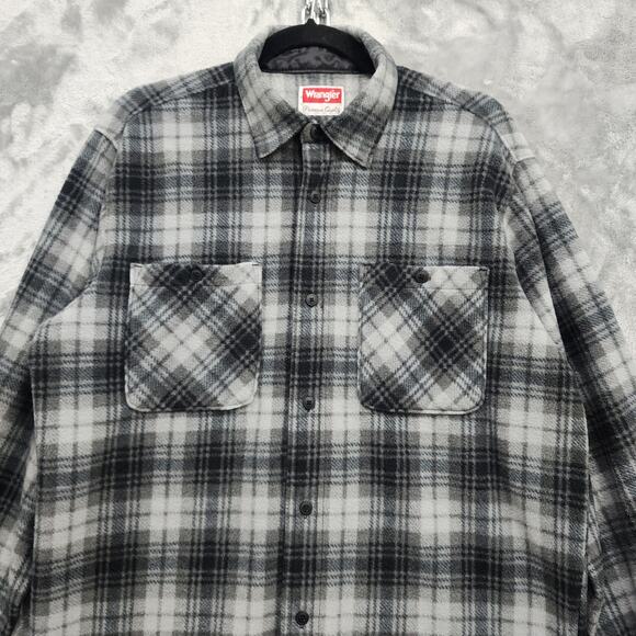 Wrangler Shirt Mens M Gray Black Plaid Fleece Flannel Button Front Long Sleeve - Picture 2 of 9